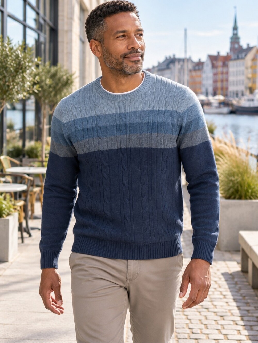 Oscar de la Renta Men's M Blue Grey Cable Knit Colorblock Sweater